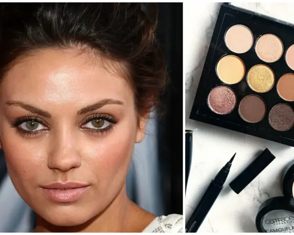 Makijaż do zielonych oczu: brązowe i złote cienie podkreślają tęczówki. Paleta z dziewięcioma kolorami, eyeliner i róż.