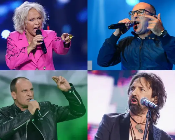 Kobieta w różowej marynarce, mężczyzna w okularach, w czarnej kurtce i z brodą – ikony polskie zespoły lat 2000. na scenie.