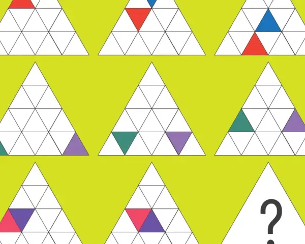 Wzory kolorowych trójkątów w siatce. Rozwiąż zagadkę, by znaleźć brakujący element. Idealne do badań psychotechnicznych testy odpowiedzi.