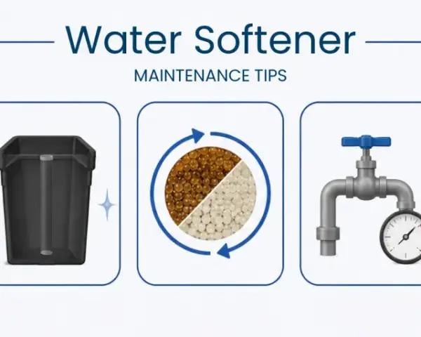 Water softener maintenance tips: salt tank, clean tank, resin beads, valve with gauge, and control panel.