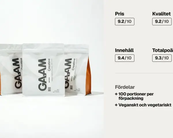 GAAM Creatine-påsar med 100% rent kreatinmonohydrat. Innehåll 9.4/10. Veganskt och vegetariskt.