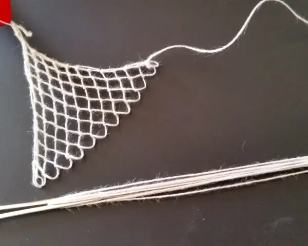 Un ago con filo bianco e un pezzo di rete a maglie, un tipo di ricamo eseguito su una rete a maglie, con un nastro rosso in alto.