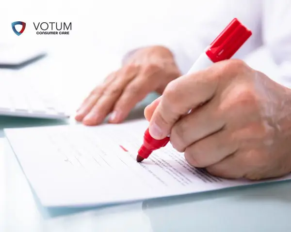 Ręka zaznacza czerwonym markerem potencjalne błędy w umowach kredytowych. VOTUM Consumer Care pomaga w analizie dokumentów.