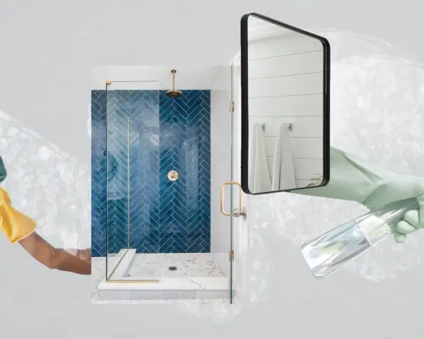Hands in gloves spray and wipe a shower, demonstrating how to clean shower glass for a sparkling finish.