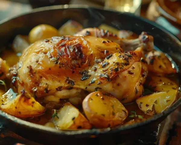 Un plat appétissant de cuisse de poulet Cookeo, doré et savoureux, entouré de pommes de terre rôties et d'herbes aromatiques.