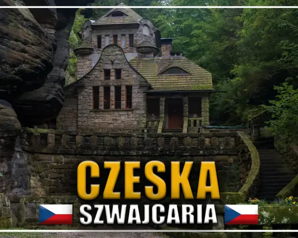 Kamienny zamek w otoczeniu skał i lasu, przypominający baśniową scenerię. To malownicza czeska saksonia, gdzie natura splata się z architekturą.