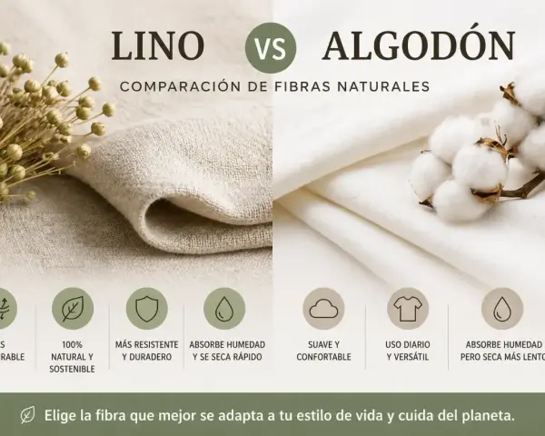 Comparación de lino y algodón. El lino, con sus semillas, es más transpirable y duradero. El algodón, con sus borlas, es suave y versátil.