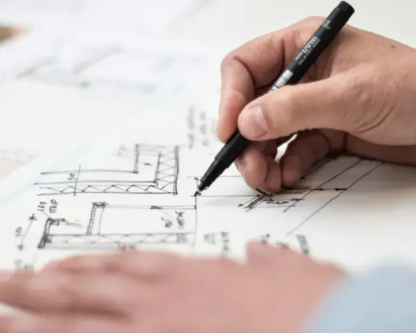 Dłoń rysuje plany architektoniczne, uwzględniając objętość właściwą.