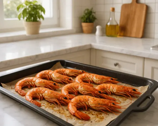 Gambones al horno listos para servir, con un toque de especias y aceite de oliva, sobre una bandeja en una cocina luminosa.