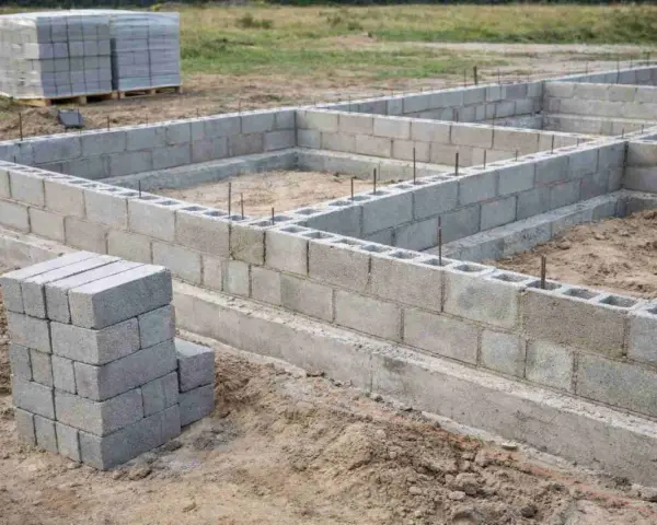 Budowa fundamentów z pustaków betonowych. Widać ułożone bloczki i zbrojenie. Jaki beton na fundament? Ten wygląda solidnie.