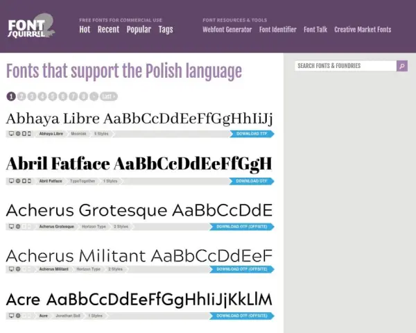 Strona Font Squirrel prezentuje czcionki z polskimi znakami, takie jak Abhaya Libre, Abril Fatface i Acherus.