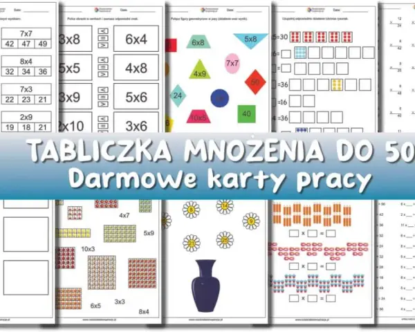 Karty pracy z tabliczką mnożenia do 40, zawierające przykłady i ćwiczenia z mnożenia.