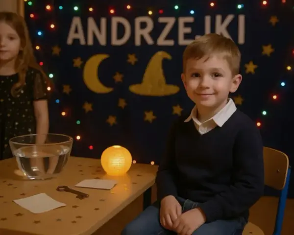 Chłopiec w sweterku i dziewczynka w sukience z gwiazdkami czekają na wróżby. Idealny strój na andrzejki to coś magicznego!