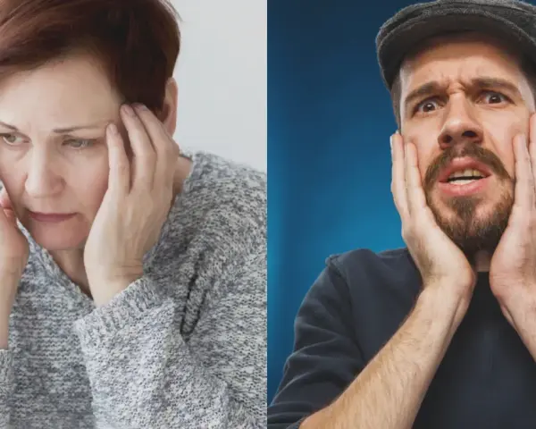 Kvinna och man med händerna mot ansiktet, uttrycker oro. Kanske ett prestationsångest test?