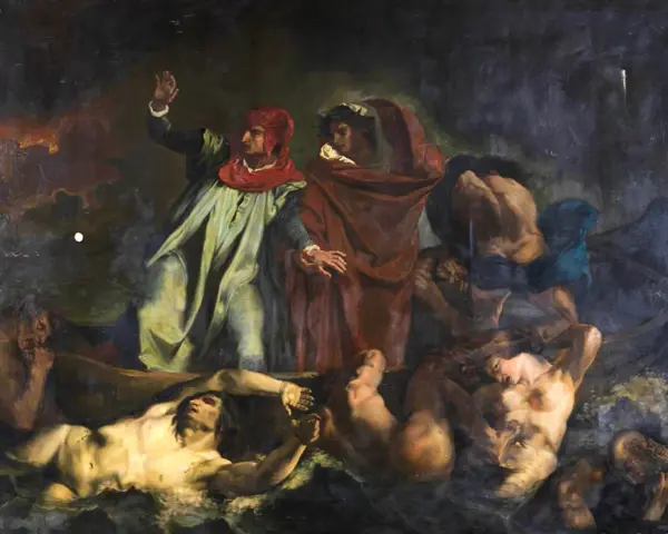 Dante och Vergilius i Charons båt, en scen från Den gudomliga komedin, skriven av Dante Alighieri.