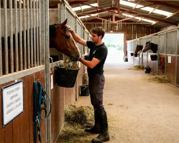 Un palefrenier donne à manger à un cheval dans son box. Le jeune homme, en tenue d'équitation, caresse l'animal tout en remplissant son seau de foin.