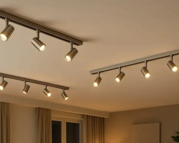 Sistemas de rieles con varios focos dirigibles, mostrando diferentes tipos de focos para techo, ideales para iluminar espacios.
