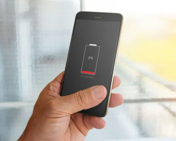 En hand håller en mobil med lågt batteri (3%). Dags att kolla vilka appar som drar mest batteri.