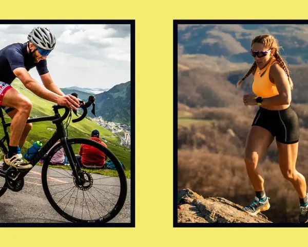 A cyclist's powerful legs power up a mountain road, contrasting with a runner's strong legs on a rocky trail.