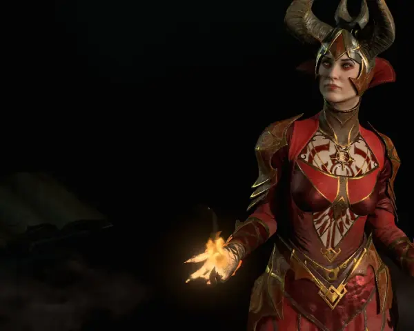 Hechicera con cuernos y armadura roja, lanzando fuego. Un libro antiguo flota cerca. build hechicero diablo 4.