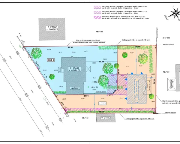 Plan de division parcellaire montrant la jurisprudence servitude de passage entre les lots 1 et 2, avec indications de dimensions et de constructions.