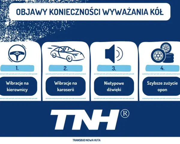 Objawy konieczności wyważenia kół: wibracje kierownicy, karoserii, nietypowe dźwięki, szybsze zużycie opon.