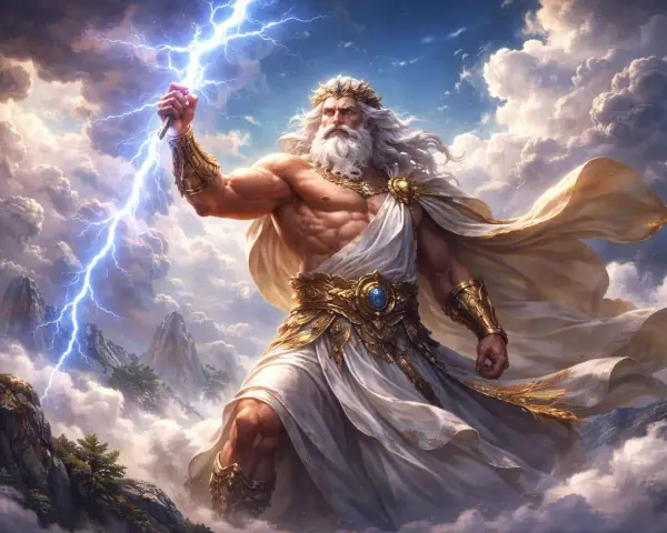 Zeus bóg gromowładny, z błyskawicą w dłoni, w chmurach nad górami.