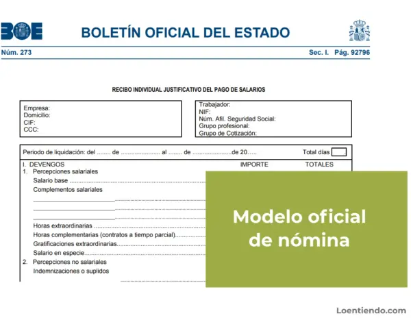 Modelo oficial de nómina del BOE. Detalla devengos, percepciones salariales y no salariales, horas extraordinarias y complementos.