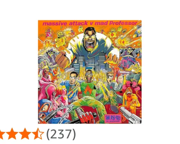 Pochette de l'album Massive Attack v Mad Professor, "No Protection", avec des personnages colorés et explosifs.