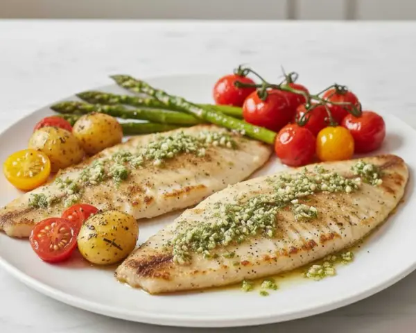 Dos filetes de merluza a la plancha con hierbas, acompañados de patatas pequeñas, tomates cherry y espárragos.
