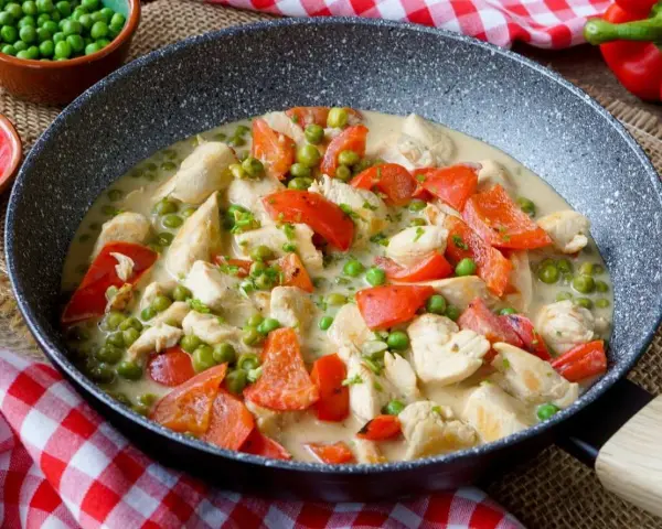 Hähnchen-Curry mit Erbsen und Paprika in cremiger Sauce – ein leckeres und gesundes Mittagessen, serviert in einer Pfanne.
