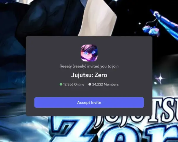 Invitación a "Jujutsu: Zero" en Discord, con 12,356 usuarios en línea y 34,232 miembros. ¡Únete a la comunidad de Jujutsu Kaisen!