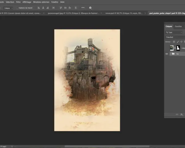 Affiche film photoshop : usine sur falaise, style aquarelle, ambiance industrielle et mystérieuse.