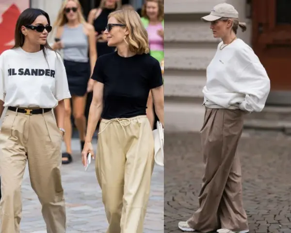 Beżowe spodnie stylizacje: luźne, eleganckie i sportowe. Trzy kobiety prezentują różne odsłony modnych, beżowych spodni.