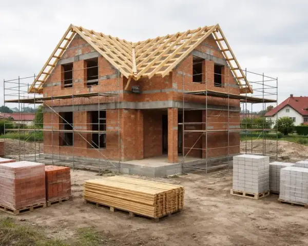 Budowa domu 120m2. Cegły, drewno i rusztowania czekają na dalsze prace. Zastanawiasz się, ile kosztują fundamenty pod dom 120m2?