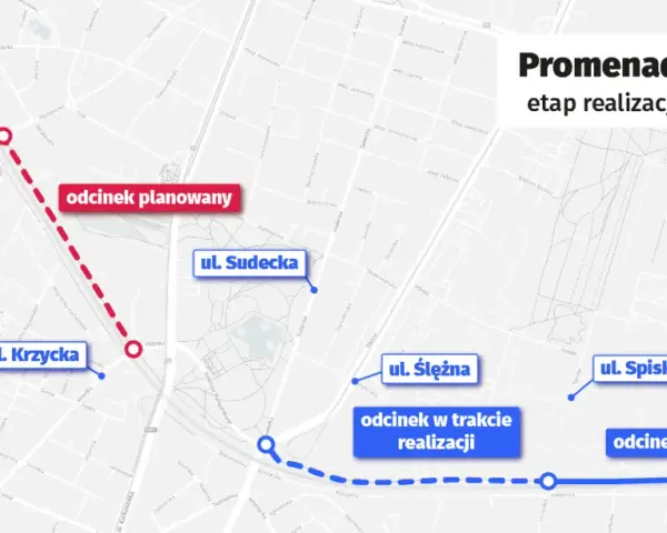 Mapa przedstawia etapy realizacji i plany Promenady Krzyckiej, z zaznaczonymi odcinkami planowanymi, w trakcie realizacji i zrealizowanymi.