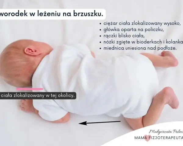 Noworodek na brzuszku. To czas dla brzuszka, gdy ciężar ciała jest wysoko, a nóżki zgięte. Maluch ćwiczy mięśnie.