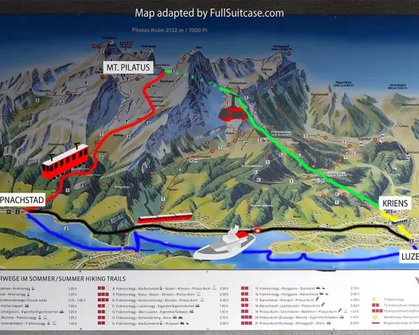Map showing how to get to Mt. Pilatus from Lucerne. Routes include cogwheel train from Alpnachstad and cable car from Kriens.