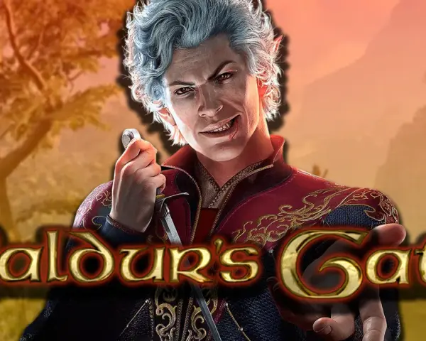 Un elfo de pelo plateado con una sonrisa maliciosa y una daga en mano, con el logo de Baldur's Gate 4.