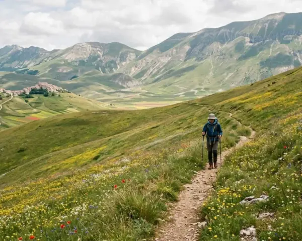 Escursionista su sentiero fiorito nel **Val di Norcia**, con borgo in lontananza e montagne verdi.