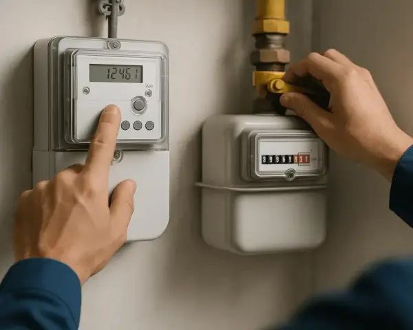 Ręka naciska przycisk licznika energii elektrycznej, obok licznik gazu. Sprawdzanie zużycia zgodnie z taryfą w3.6.
