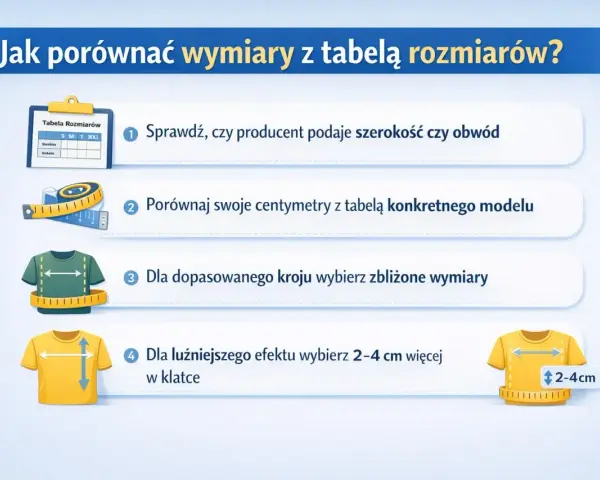 Jak się mierzy koszulę? Porównaj swoje centymetry z tabelą rozmiarów. Dla luźniejszego efektu dodaj 2-4 cm w klatce.