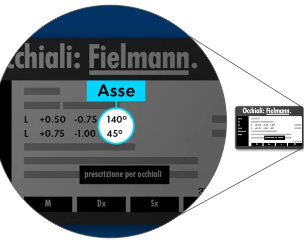 Dettagli di una prescrizione per occhiali Fielmann, con l'asse dell'occhio indicato a 140° e 45°.