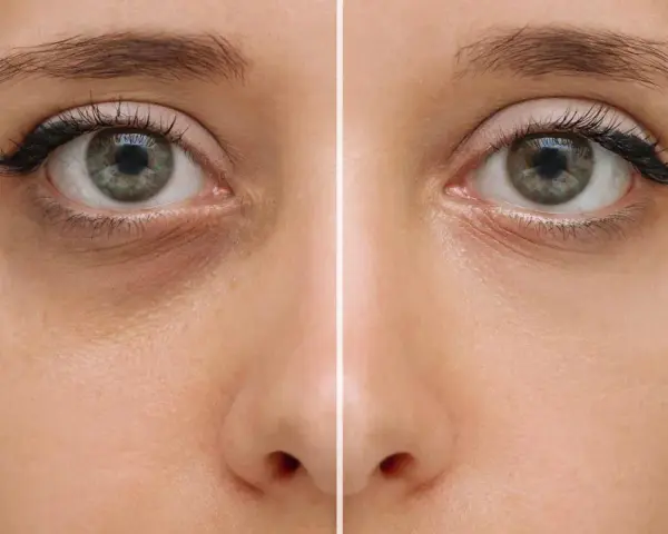 Comparación de ojos: antes con ojeras vasculares oscuras y después con piel más clara y uniforme.