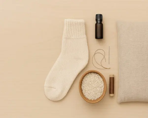 Pour savoir comment faire une bouillotte sans bouillotte, voici les ingrédients : une chaussette, du riz, une aiguille, du fil, une petite fiole et un coussin.