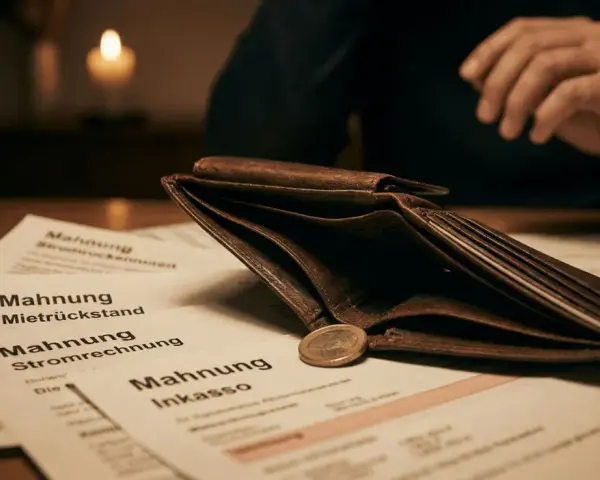Leeres Portemonnaie mit Mahnungen und einer Münze. Das zeigt, was passiert, wenn man kein Unterhalt zahlt: Schulden und Inkasso.