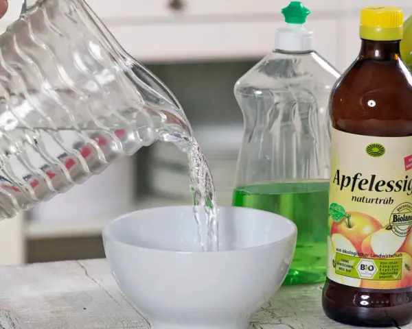 Wasser wird in eine Schüssel gegossen, um eine Fruchtfliegenfalle zu bauen. Apfelessig und Spülmittel sind bereit.