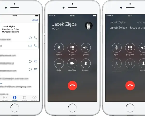 Trzy ekrany iPhone'a pokazujące kontakt i rozmowę. Dowiedz się, jak włączyć nagrywanie rozmów w telefonie.