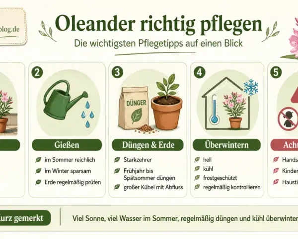 Infografik zur Oleander pflege: Standort, Gießen, Düngen & Erde, Überwintern und Giftigkeit. Sonne, Wasser, Dünger und kühles Überwintern sind wichtig.