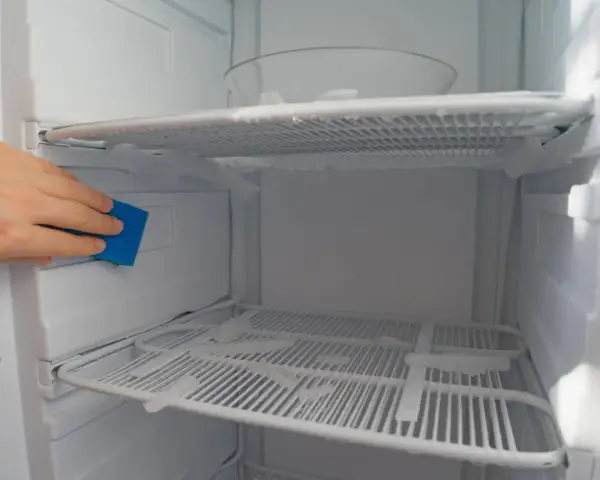 A hand uses a blue sponge to clean ice buildup inside a fridge freezer, showing a method for how to defrost fridge freezer without turning it off.